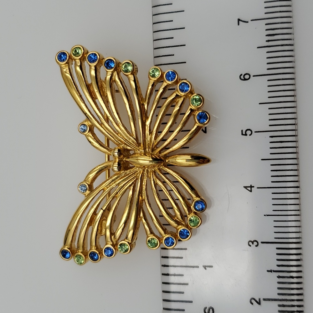 Gold Tone Butterfly with Blue & Green Rhinestones Brooch - Picture 5 of 5